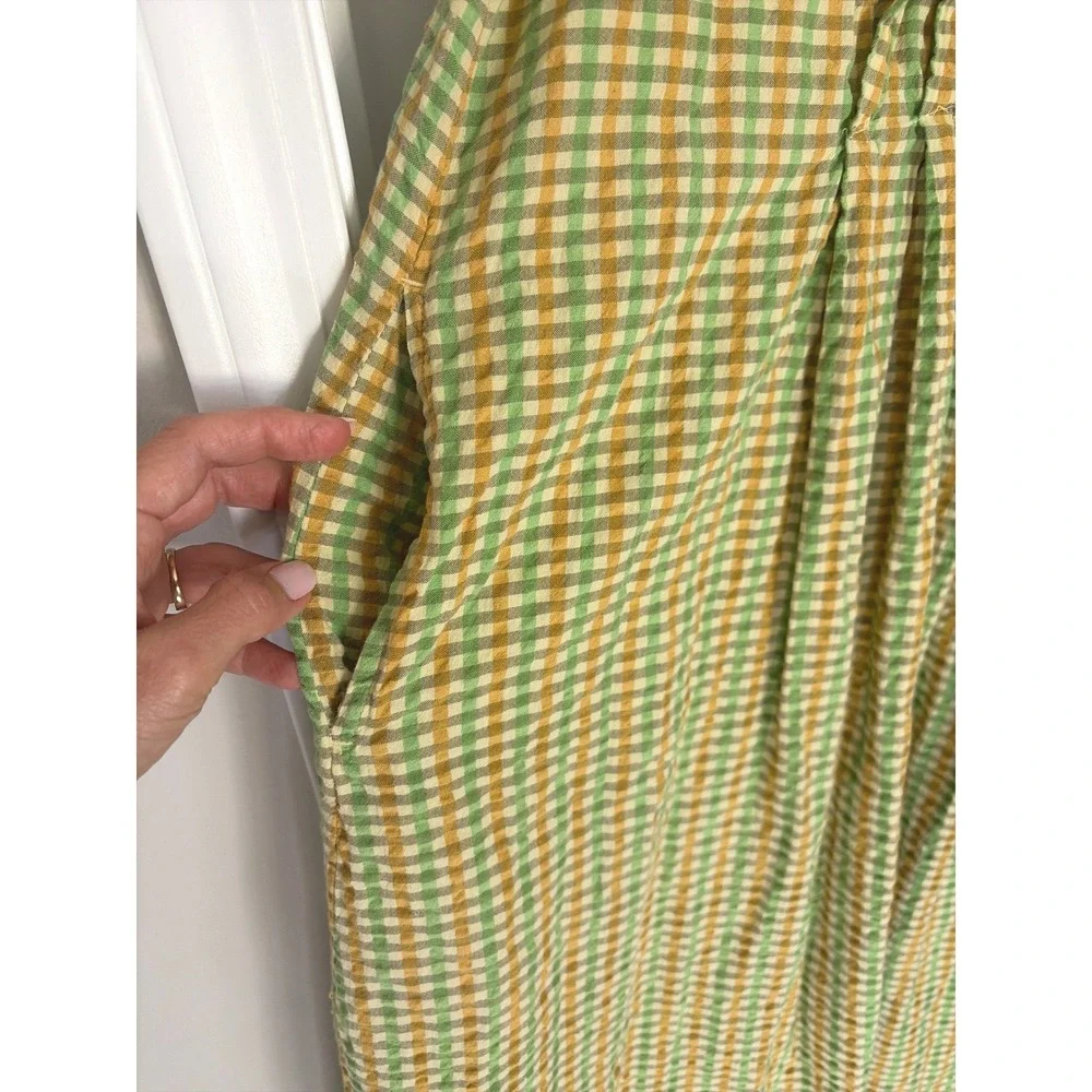 Toast Womens Gingham Plaid Sleeveless Midi Dress Green Mustard Yellow 14